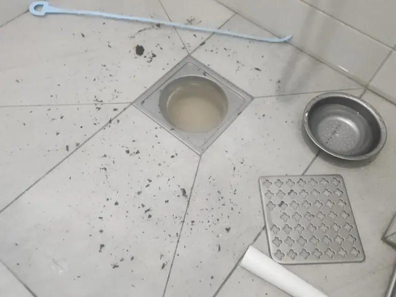 사하구 덮개를 들어낸 샤워실 배수구 주변의 머리카락 찌꺼기